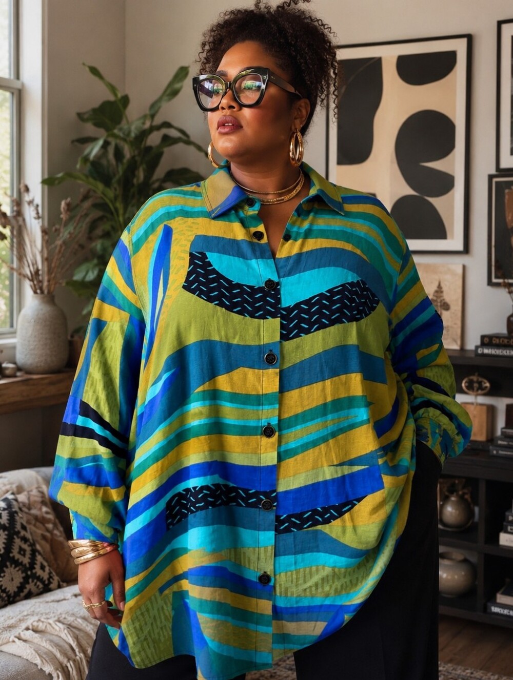 Multiples Plus Size 2X Abstract Print Tunic Shirt Button Front 3/4 Sleeve NWT